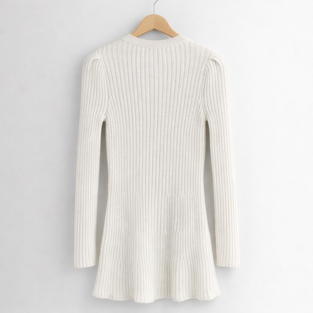 Self-Portrait Ivory Lurex Ribbed Knit Mini Dress US2 UK6 Black Trim Bow Slim Fit - Picture 2 of 6